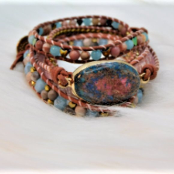 Unique Handmade Wrap Bracelet with , JasperTurquoise & Amazonite Natural Stones - Picture 1 of 10